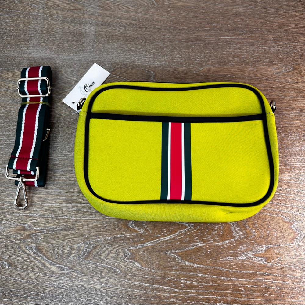 Odiva Chartreuse Crossbody Bag with Striped Strap New with tag.